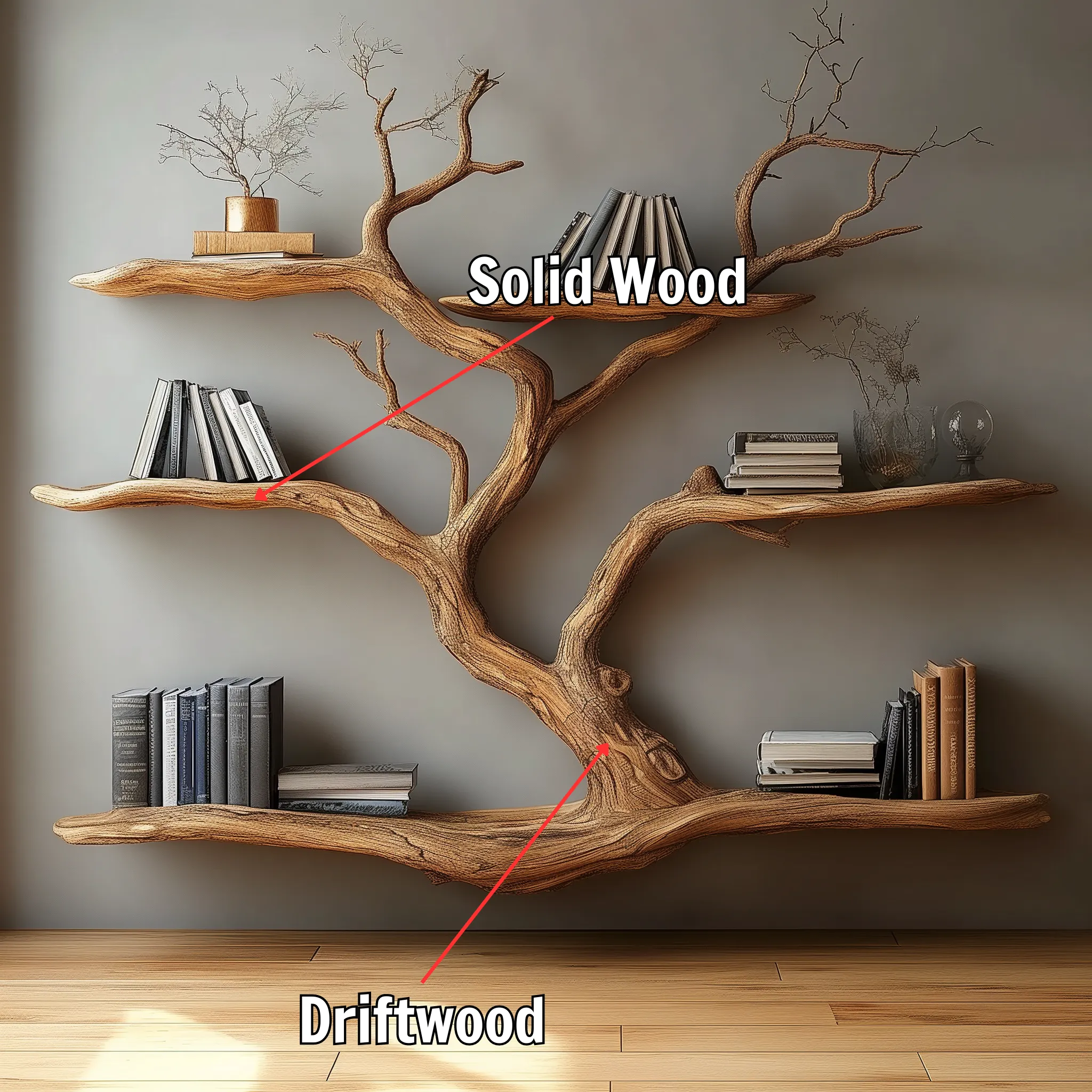 Handmade Tree Branch Floating Wall Bookshelf