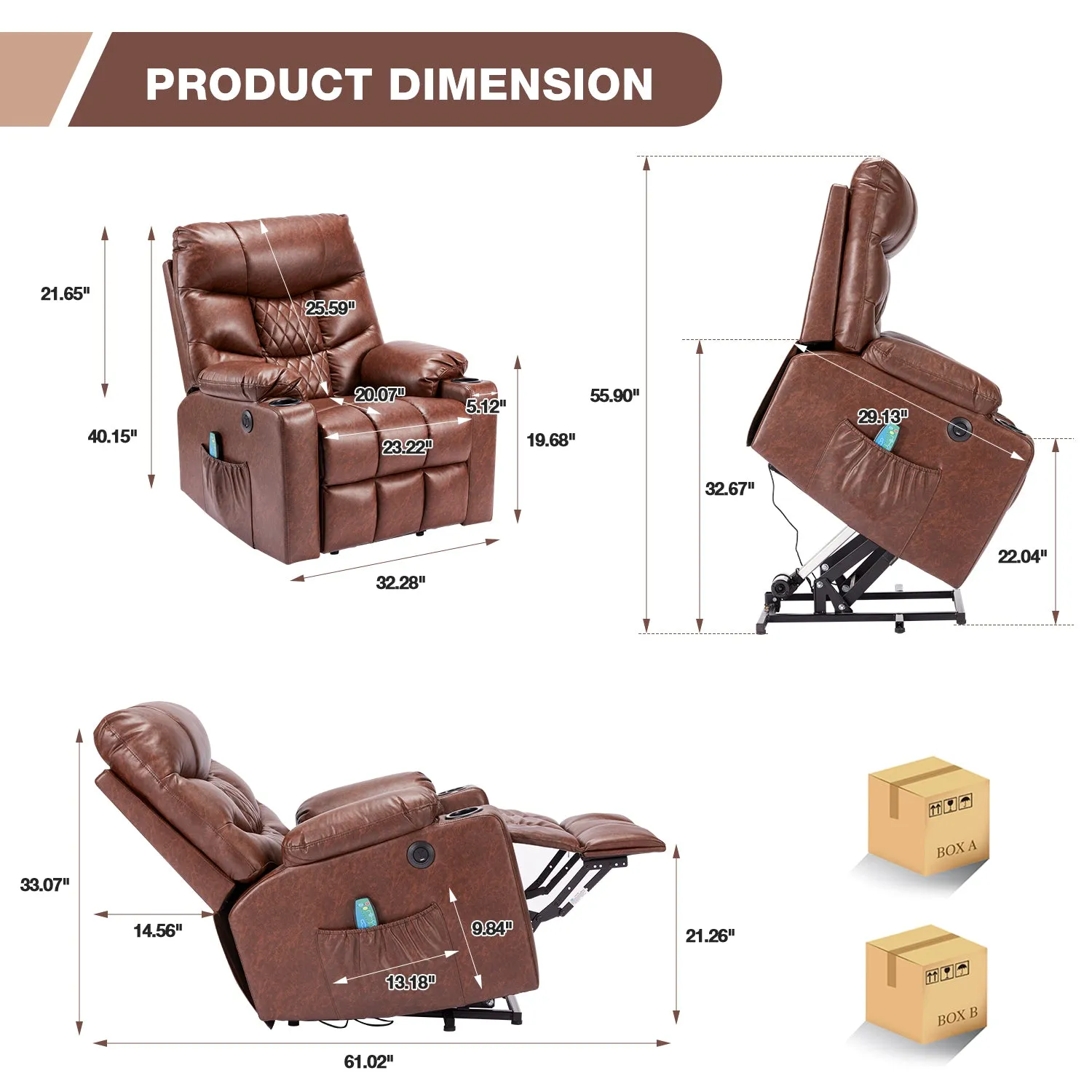 Homrest Electric Power Lift Recliner Chair Sofa with Massage and Heat, Leather Recliner Sofa with 3 Positions, Side Pockets, Cup Holders, USB Ports(Brown)