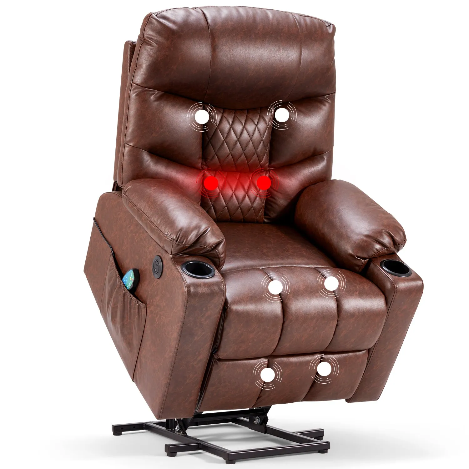 Homrest Electric Power Lift Recliner Chair Sofa with Massage and Heat, Leather Recliner Sofa with 3 Positions, Side Pockets, Cup Holders, USB Ports(Brown)