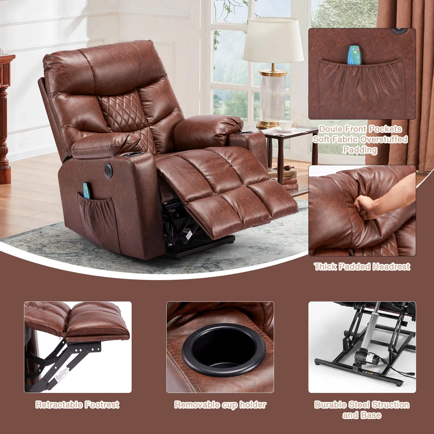 Homrest Electric Power Lift Recliner Chair Sofa with Massage and Heat, Leather Recliner Sofa with 3 Positions, Side Pockets, Cup Holders, USB Ports(Brown)