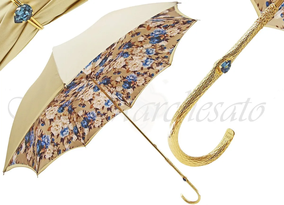 il Marchesato Ladies Flower Umbrella in Cream with Light Blue Flower