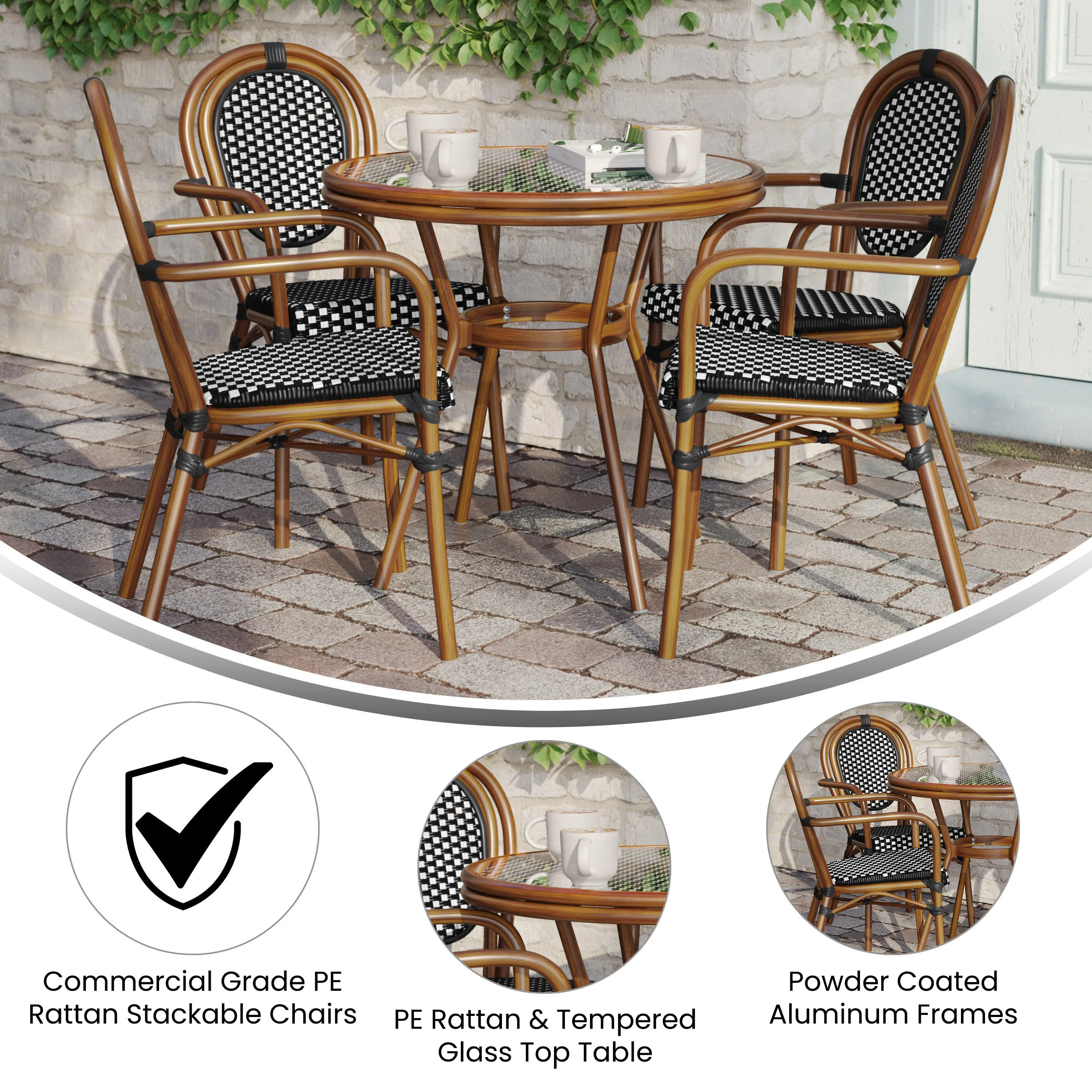 Lourdes Indoor/Outdoor Commercial Bistro 31.5" Table, PE Rattan, Glass Top with 4 Stack Chairs