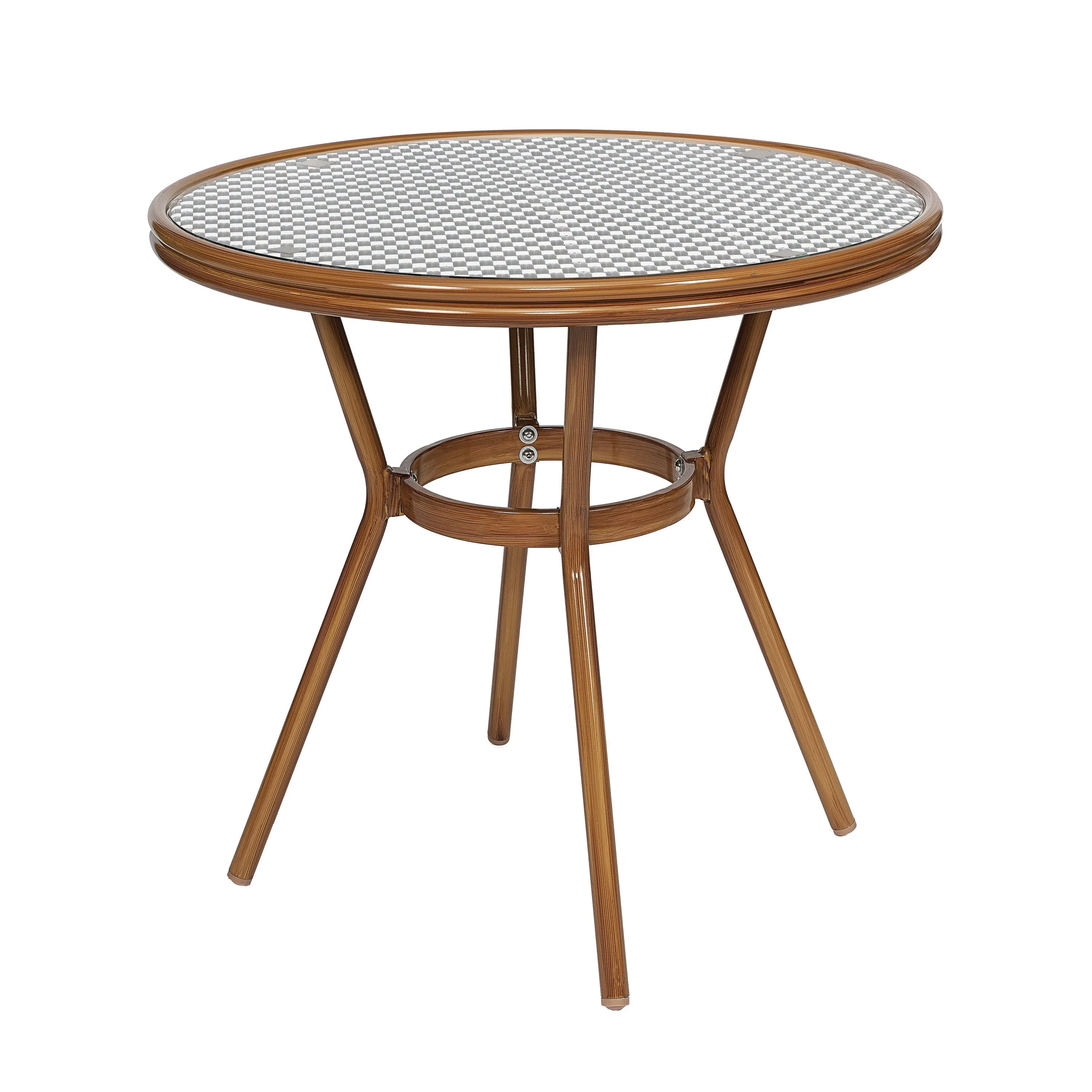 Lourdes Indoor/Outdoor Commercial Bistro 31.5" Table, PE Rattan, Glass Top with 4 Stack Chairs