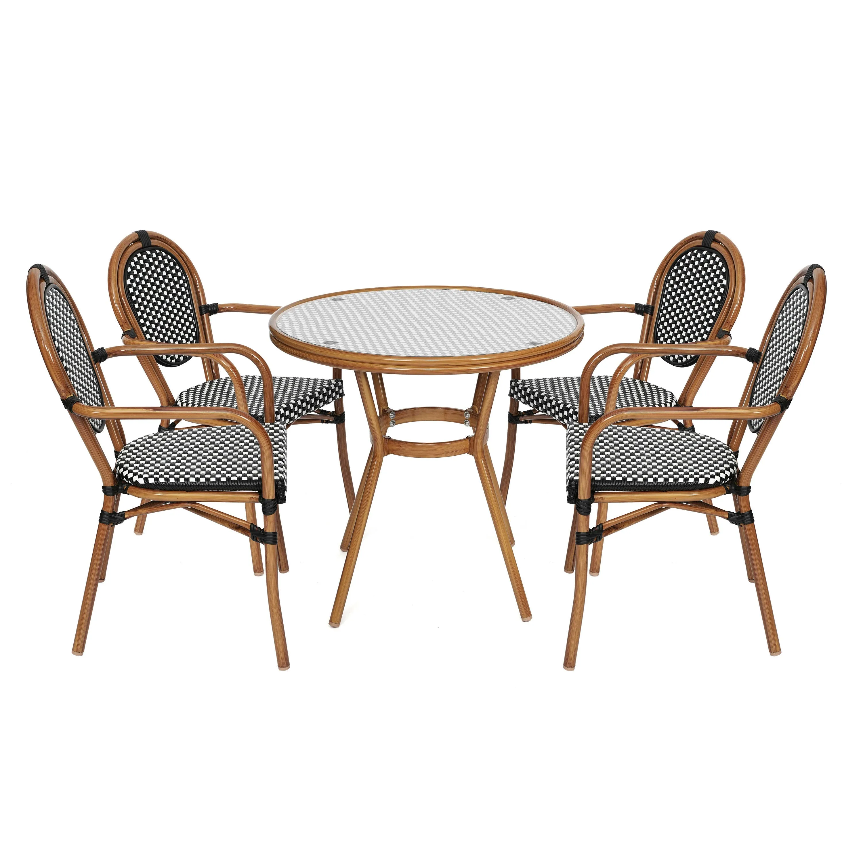 Lourdes Indoor/Outdoor Commercial Bistro 31.5" Table, PE Rattan, Glass Top with 4 Stack Chairs