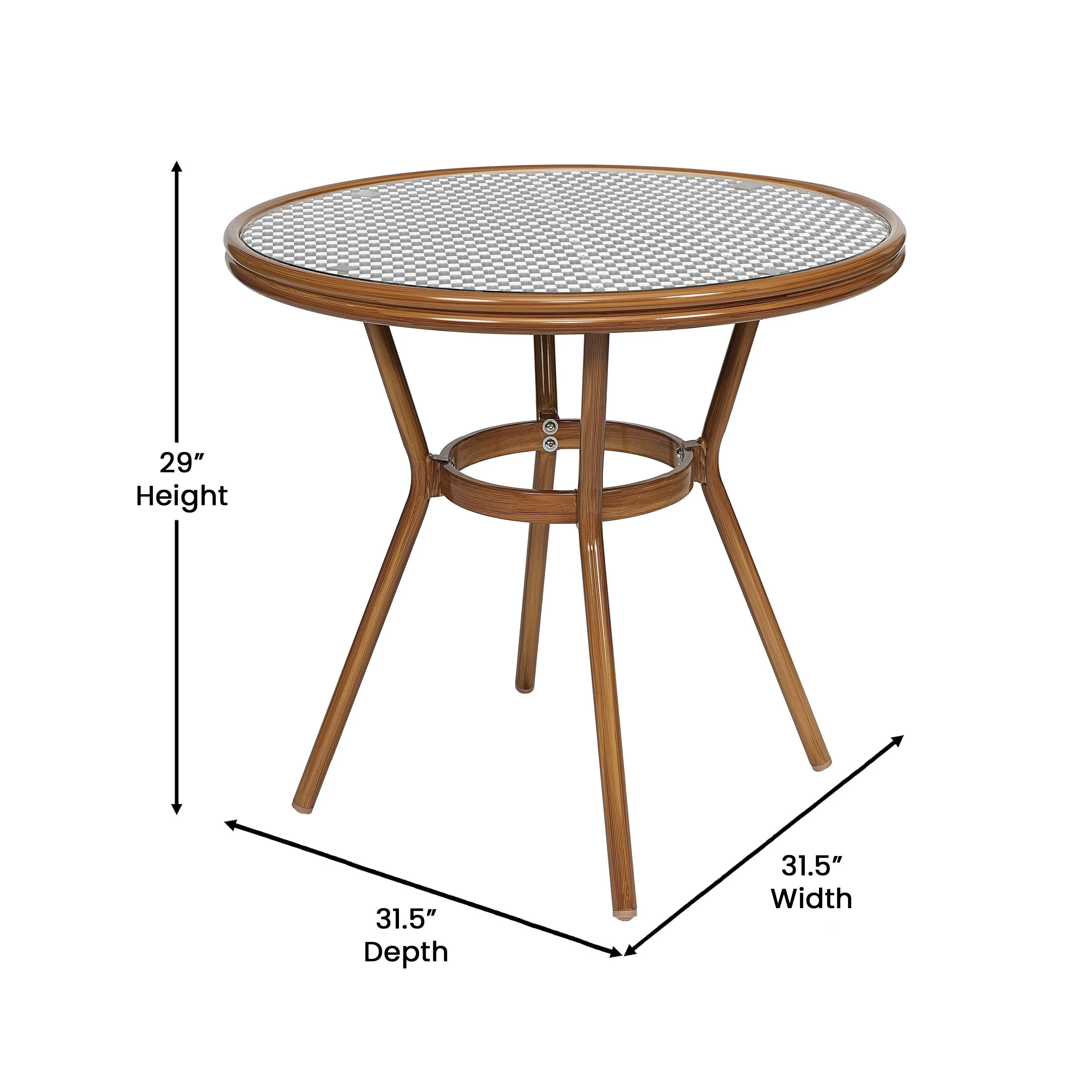 Lourdes Indoor/Outdoor Commercial Bistro 31.5" Table, PE Rattan, Glass Top with 4 Stack Chairs