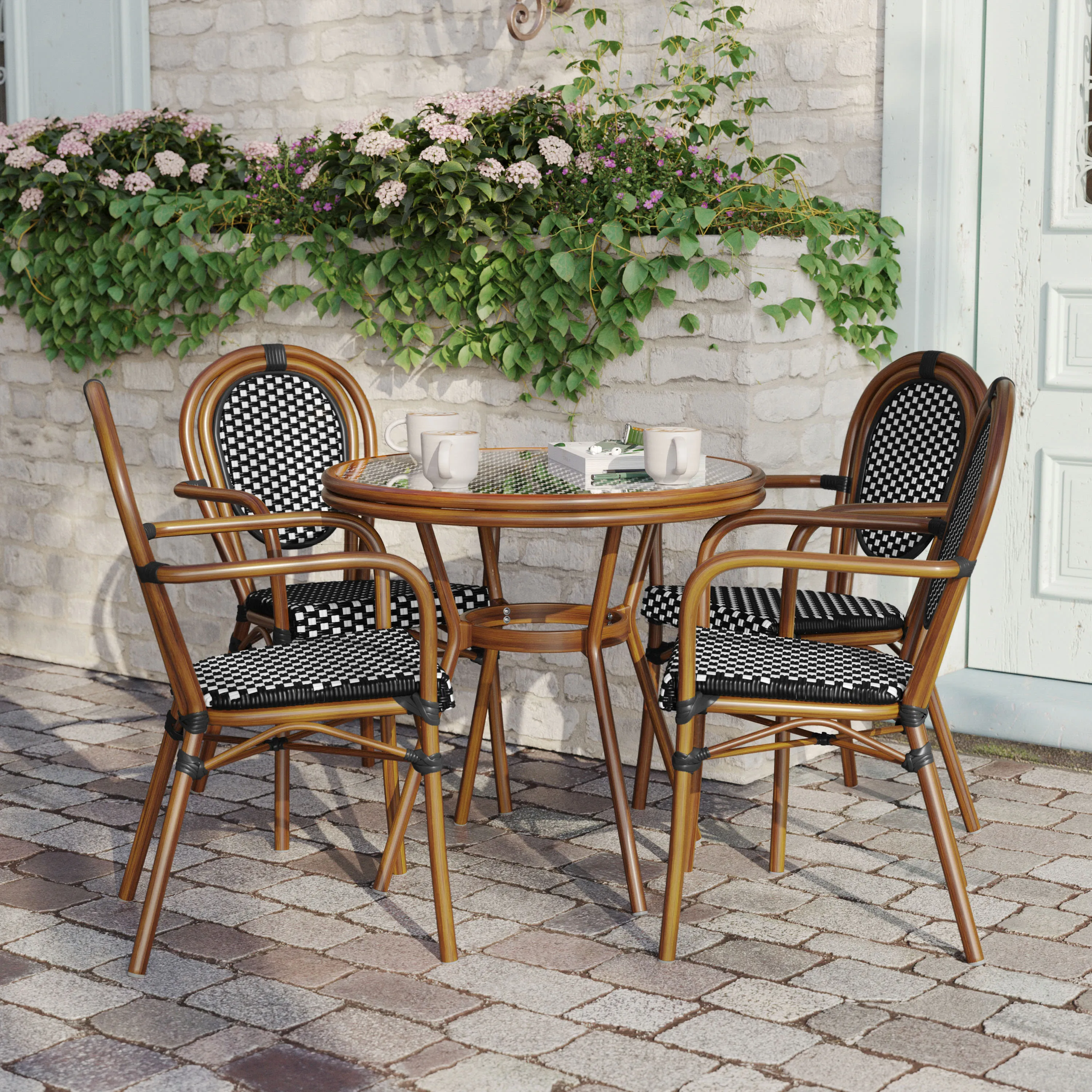 Lourdes Indoor/Outdoor Commercial Bistro 31.5" Table, PE Rattan, Glass Top with 4 Stack Chairs