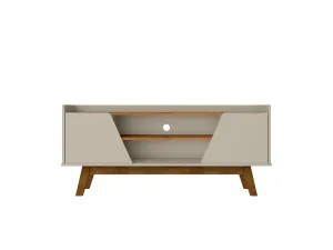 Manhattan Comfort Mid-Century Modern Marcus 53.14 TV Stand with Solid Wood Legs in Greige and Nature