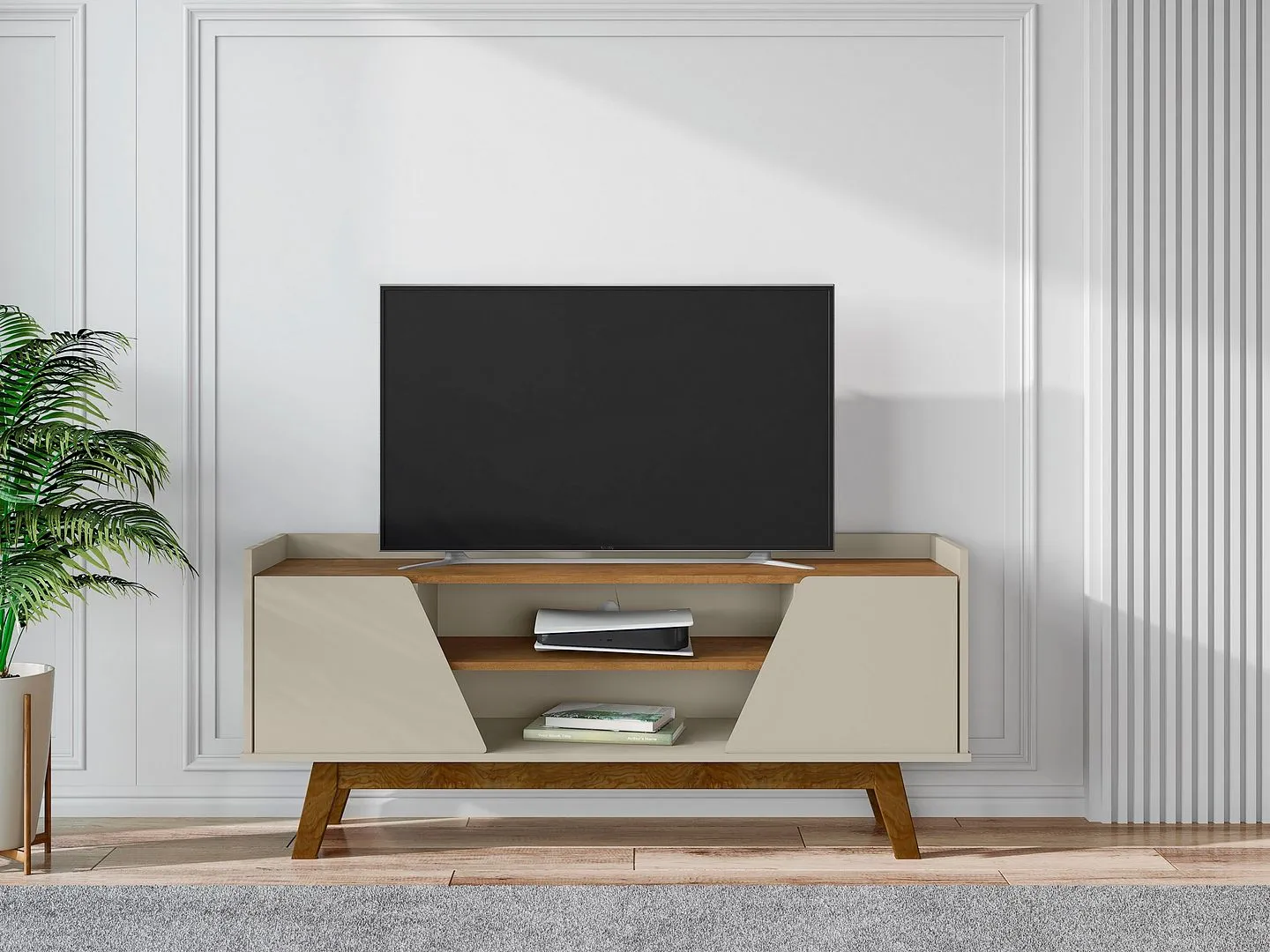 Manhattan Comfort Mid-Century Modern Marcus 53.14 TV Stand with Solid Wood Legs in Greige and Nature