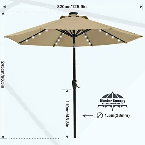 MASTERCANOPY Patio Umbrella with 32 Solar LED Lights -8 Ribs (11ft,Khaki)