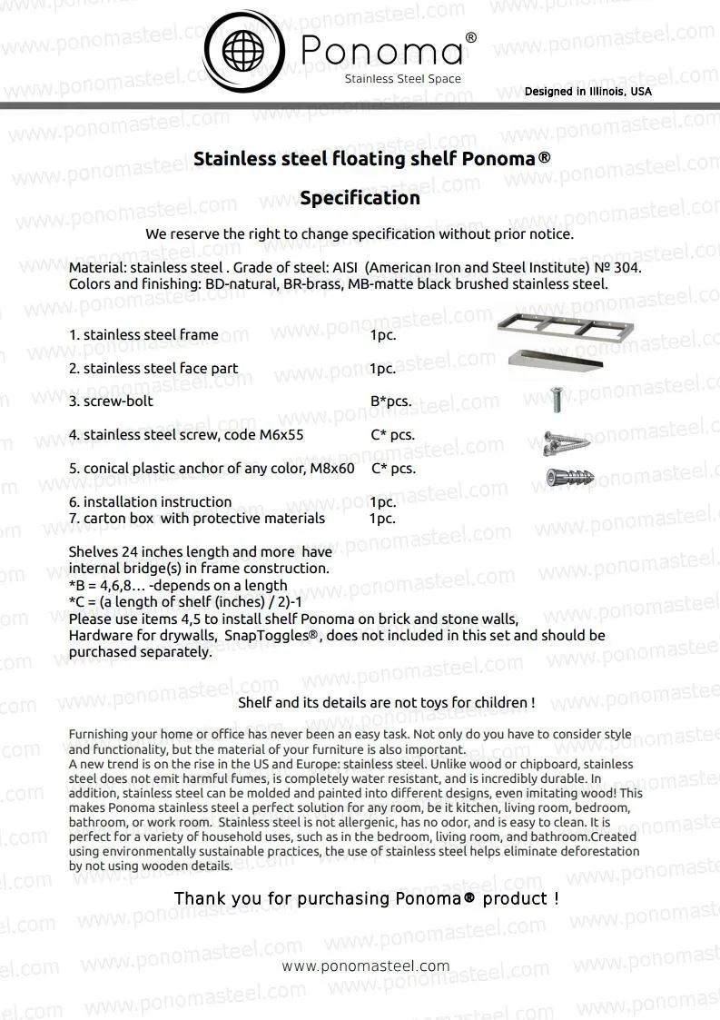 Metal shelves 73"- 77" (cm. 185.4- 195.6) made-to-order floating shelves Ponoma®