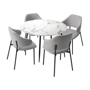 Oikiture 110cm Round Dining Table with 4PCS Dining Chairs Accent Fabric Grey