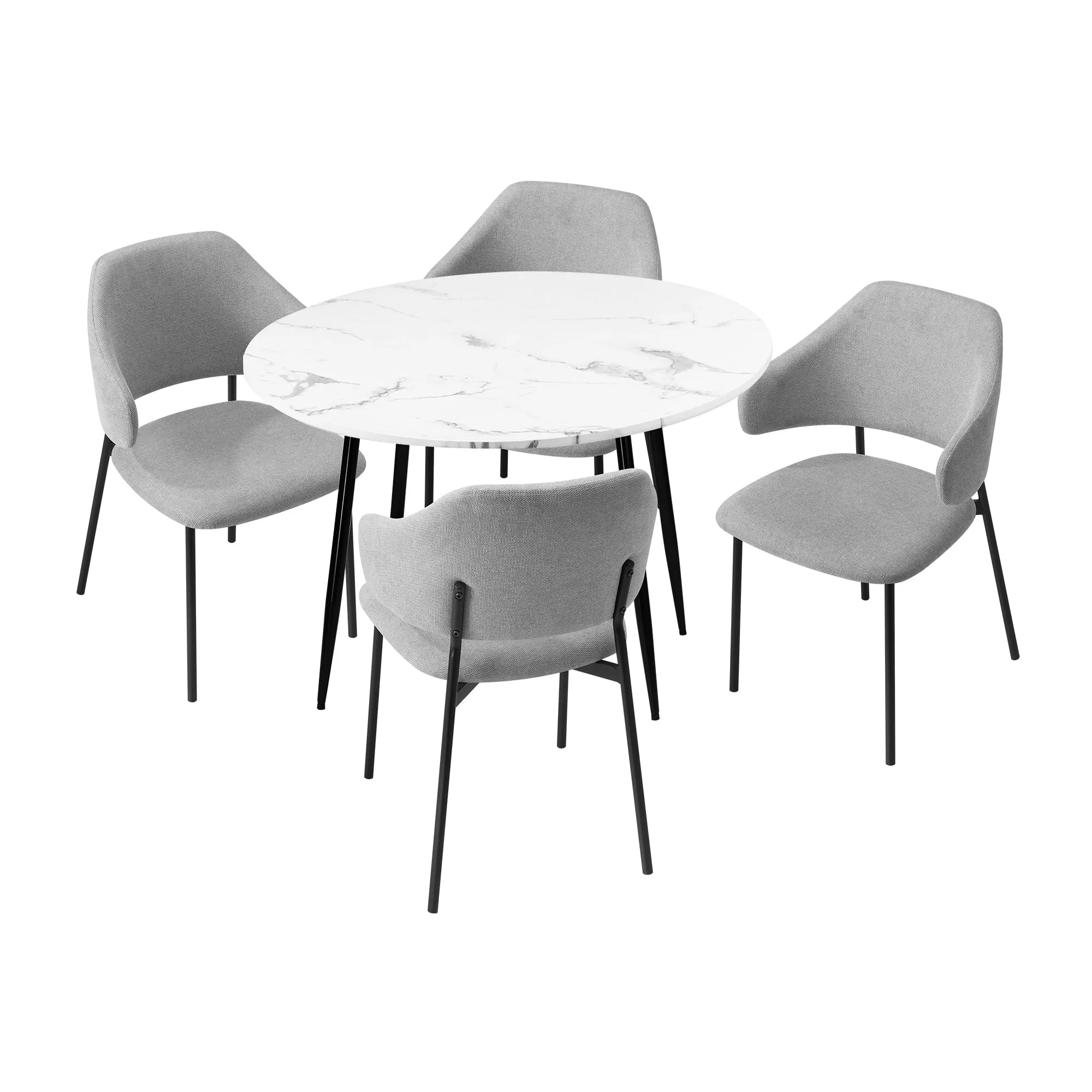 Oikiture 110cm Round Dining Table with 4PCS Dining Chairs Accent Fabric Grey