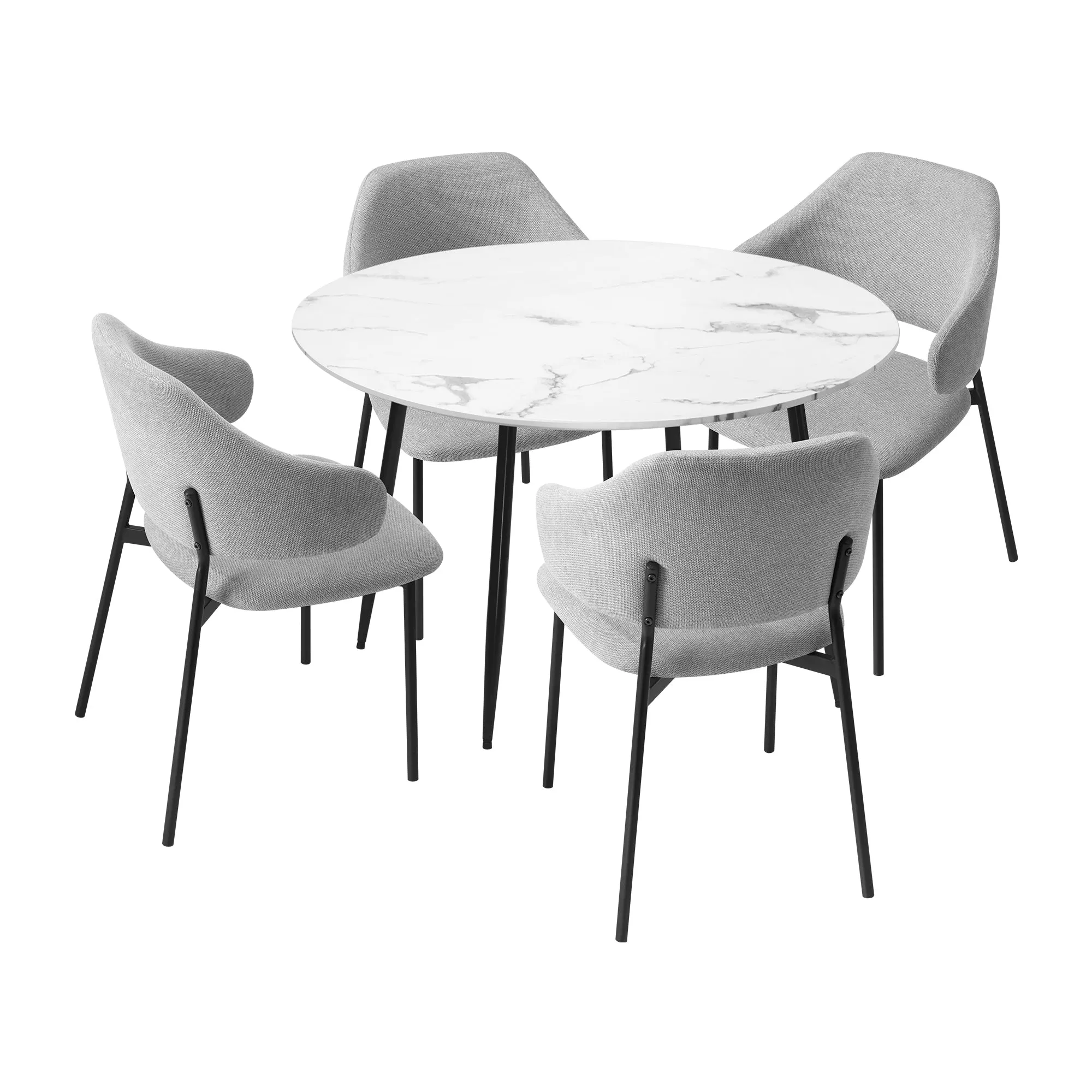 Oikiture 110cm Round Dining Table with 4PCS Dining Chairs Accent Fabric Grey