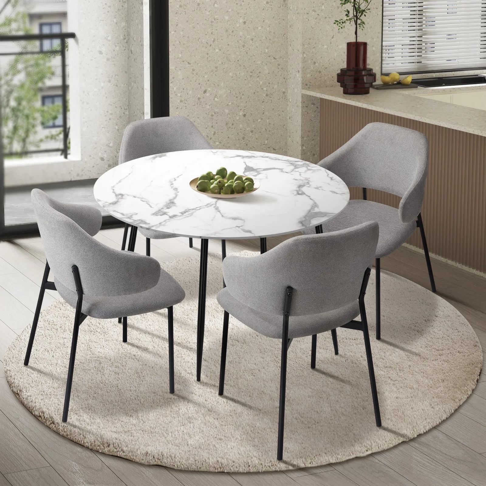 Oikiture 110cm Round Dining Table with 4PCS Dining Chairs Accent Fabric Grey