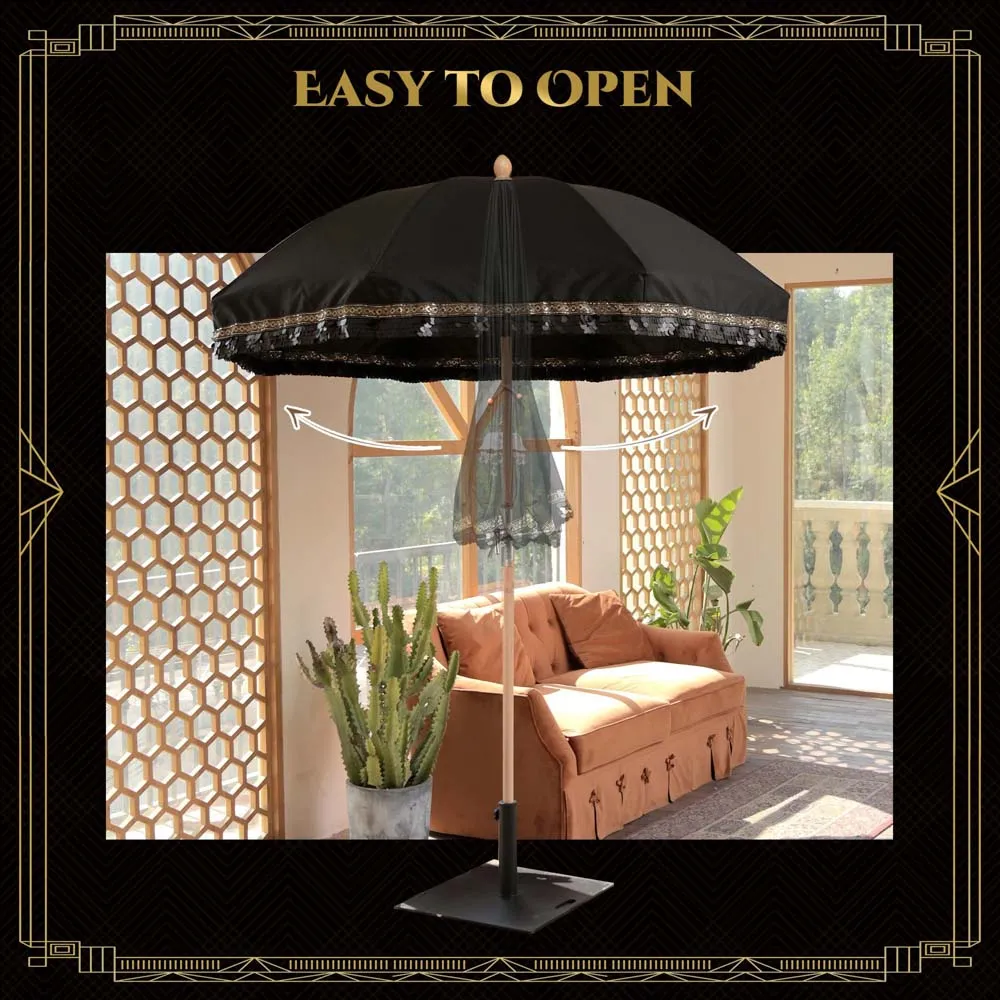 Patio Umbrella Tilt Wooden 6ft 8-Rib Black Sequin