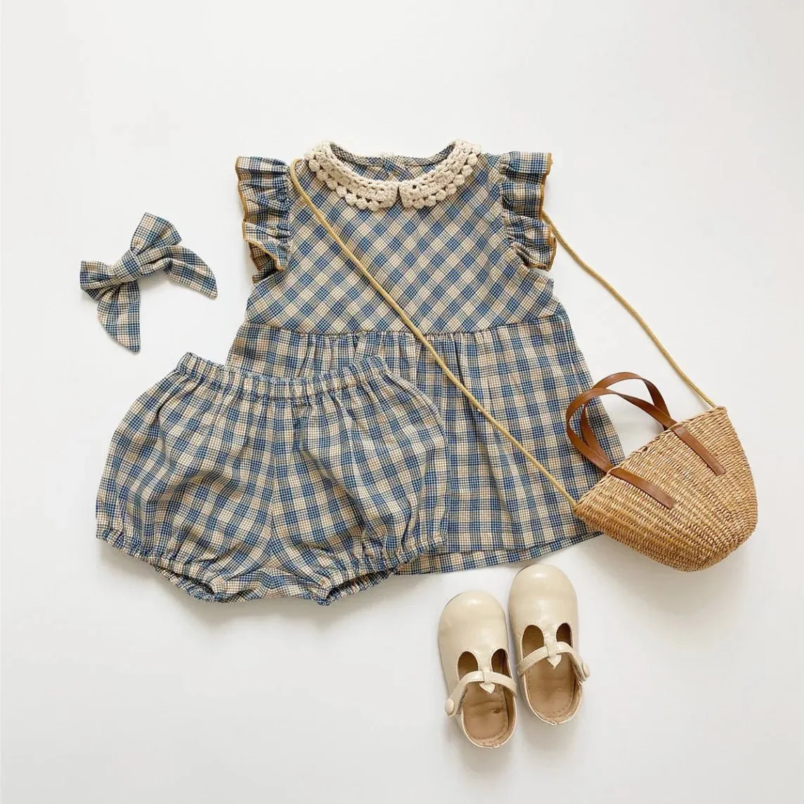 Plaid Ruffle Sleeve Cami Top and Bloomers Set for Girls