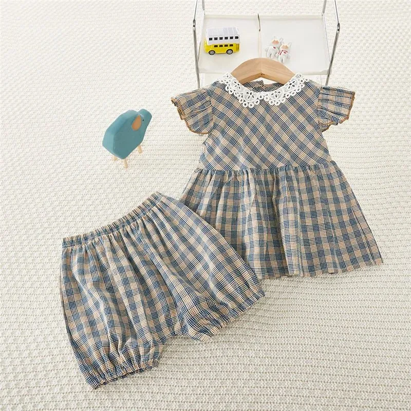 Plaid Ruffle Sleeve Cami Top and Bloomers Set for Girls