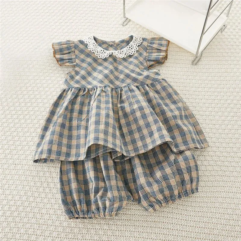 Plaid Ruffle Sleeve Cami Top and Bloomers Set for Girls