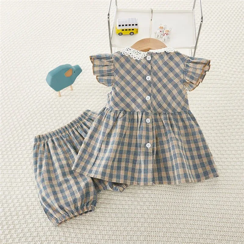 Plaid Ruffle Sleeve Cami Top and Bloomers Set for Girls