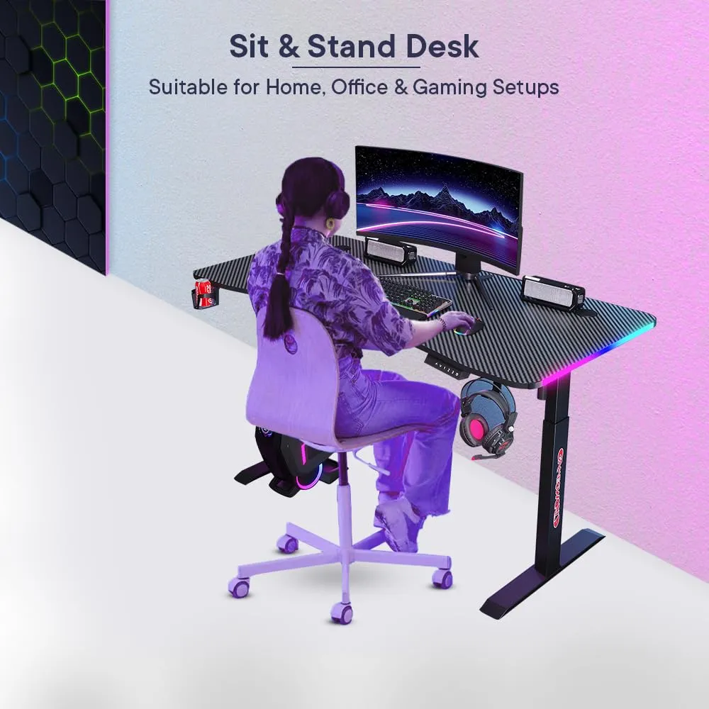 Savya Home Electric Height Adj. Engineered Wood Desk, Ergonomic Sit-Stand Desk with RGB Lighting Frame,Digital Display with Memory Preset Option, Cup Holder & Headphone Hook (160*60*(72-117) cm),Black