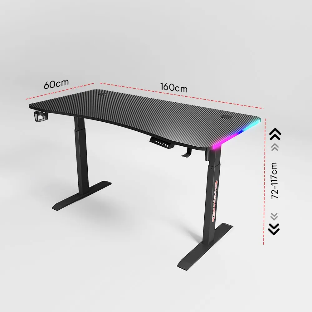 Savya Home Electric Height Adj. Engineered Wood Desk, Ergonomic Sit-Stand Desk with RGB Lighting Frame,Digital Display with Memory Preset Option, Cup Holder & Headphone Hook (160*60*(72-117) cm),Black