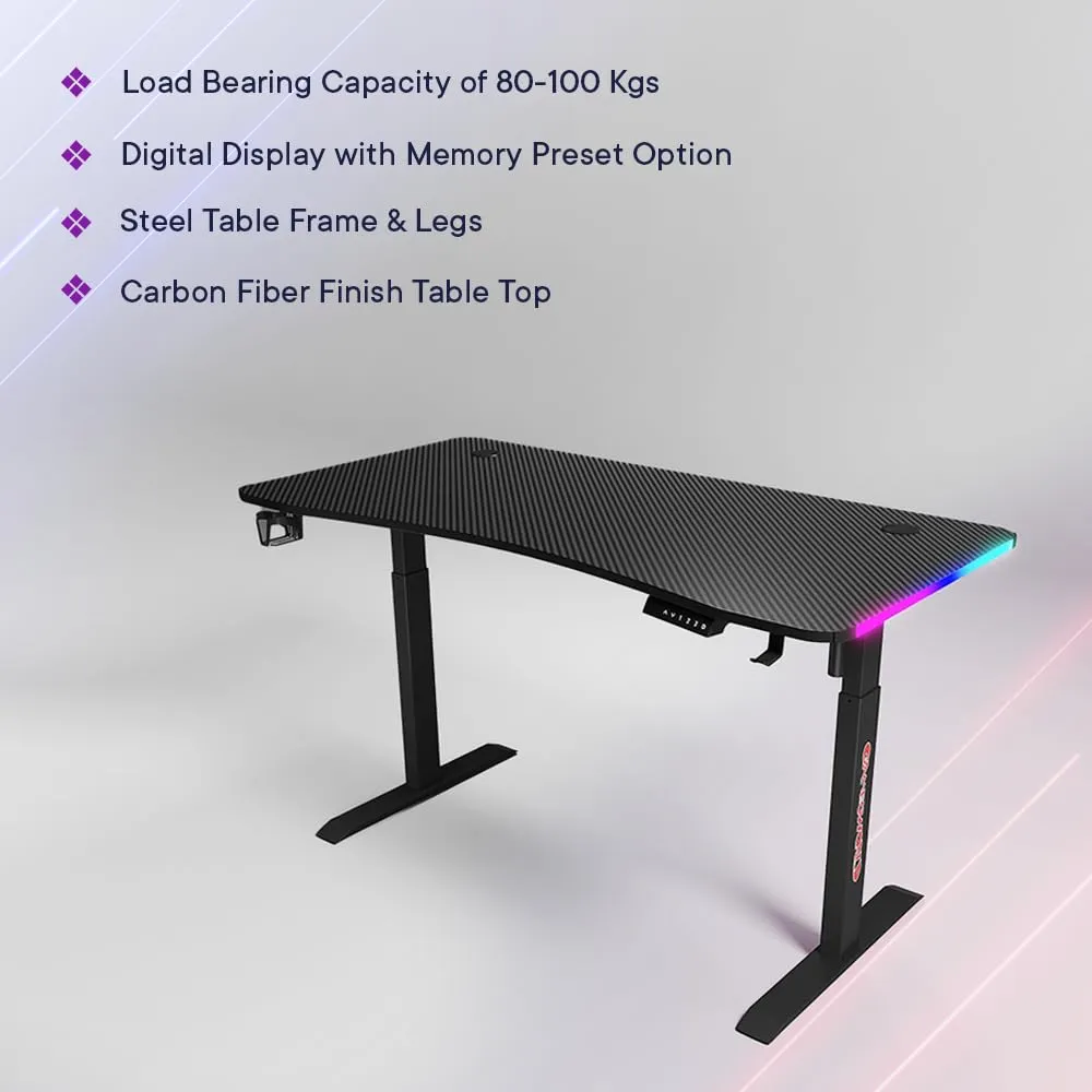 Savya Home Electric Height Adj. Engineered Wood Desk,Ergonomic Sit-Stand Desk with RGB Lighting Frame,Digital Display with Memory Preset Option, Cup Holder & Headphone Hook (160*60*(72-117) cm),Black