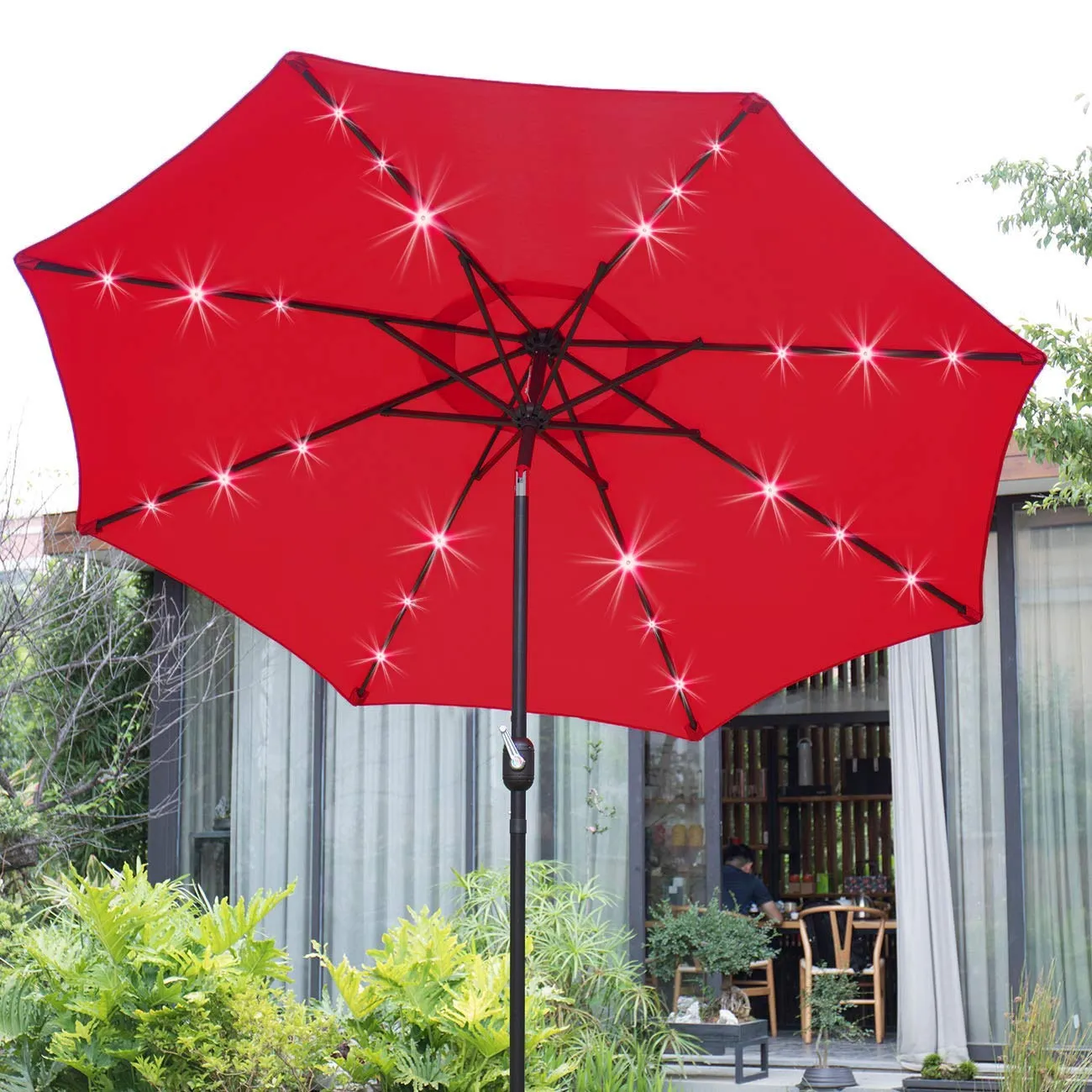 Sunnyglade 9' Solar LED Lighted Patio Umbrella with 8 Ribs/Tilt Adjustment and Crank Lift System (Red)