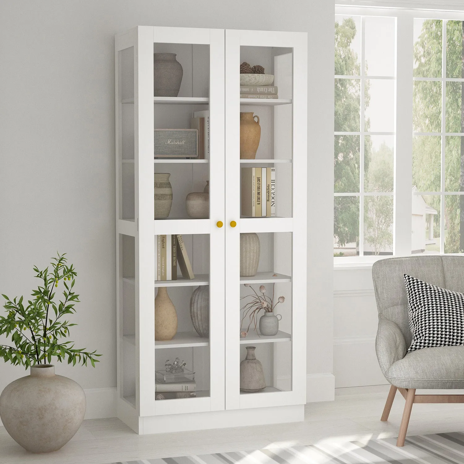 White Lacquer Bookcase Display Cupboard with 2 Glass Doors