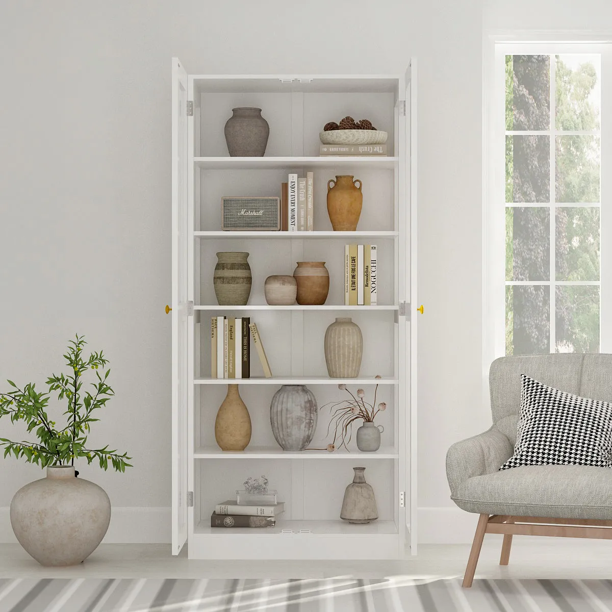 White Lacquer Bookcase Display Cupboard with 2 Glass Doors