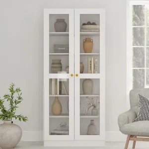 White Lacquer Bookcase Display Cupboard with 2 Glass Doors