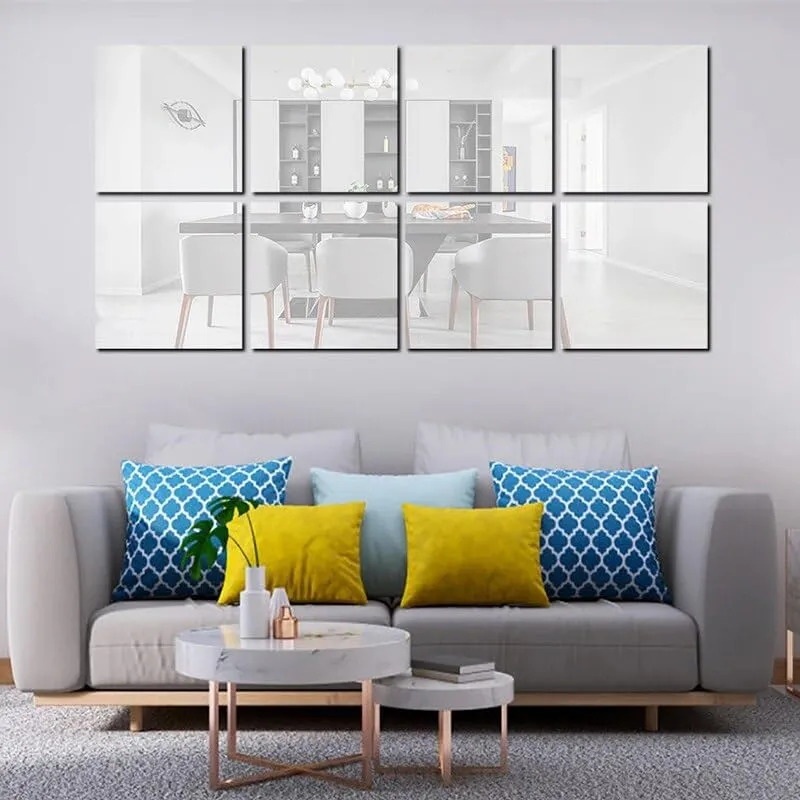 wolkwogg Big Square 8 Silver Mirror Stickers for Wall, Acrylic Mirror Sticker, Mirror Wall Sticker, Wall Mirror Stickers, Wall Stickers for Hall Room, Bed Room, Kitchen. (Non Glass) 15 * 15CM