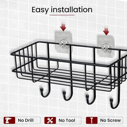 WonderStand Multipurpose Bathroom Shelf Rack, GI Steel (Set of 1) with Hooks Bathroom Shelf Rack Storage Accessories Organizer