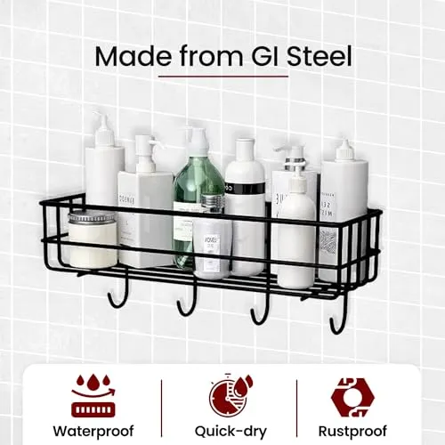 WonderStand Multipurpose Bathroom Shelf Rack, GI Steel (Set of 1) with Hooks Bathroom Shelf Rack Storage Accessories Organizer